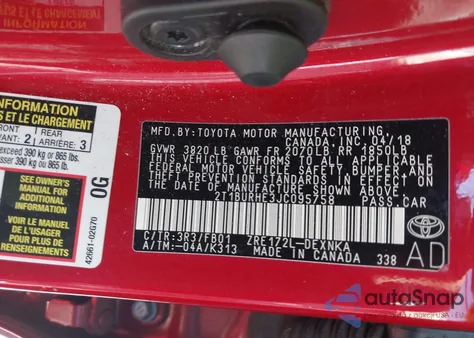 2018 Toyota Corolla Le from USA, damaged, VIN 2T1BURHE3JC095758